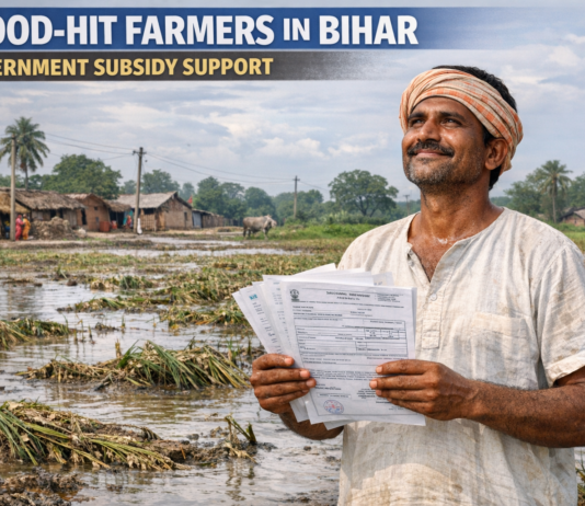 Bihar Krishi Input Subsidy 2026 Online Apply Started Bihar farmer standing in damaged crop field after flood applying for Krishi Input Subsidy 2026