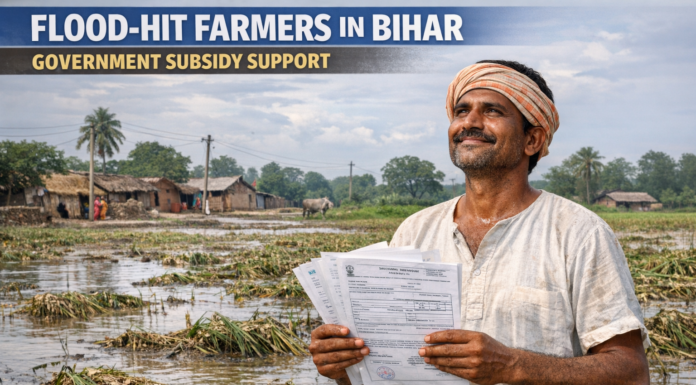 Bihar Krishi Input Subsidy 2026 Online Apply Started Bihar farmer standing in damaged crop field after flood applying for Krishi Input Subsidy 2026