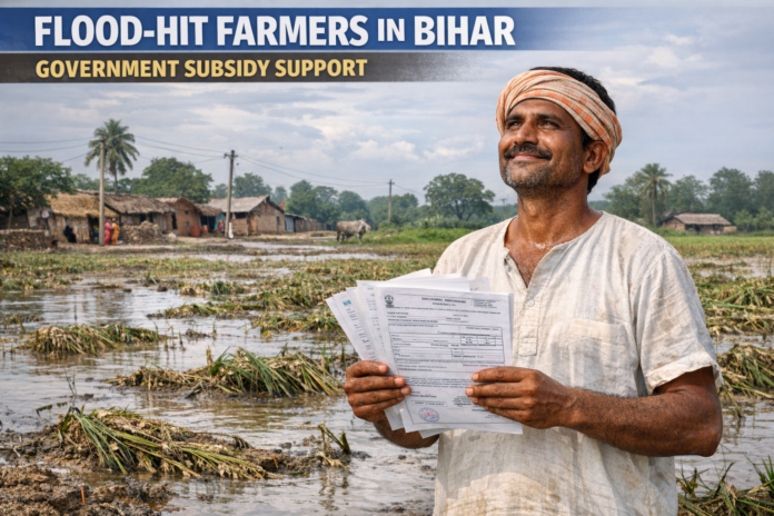 Bihar farmer standing in damaged crop field after flood applying for Krishi Input Subsidy 2026