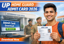 UP Home Guard Admit Card 2026 Released, Download Hall Ticket Online UP Home Guard Admit Card 2026 thumbnail showing Indian student holding admit card with government office background.