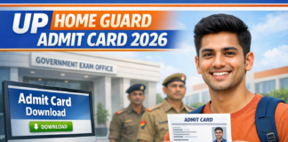 UP Home Guard Admit Card 2026 Released, Download Hall Ticket Online UP Home Guard Admit Card 2026 thumbnail showing Indian student holding admit card with government office background.