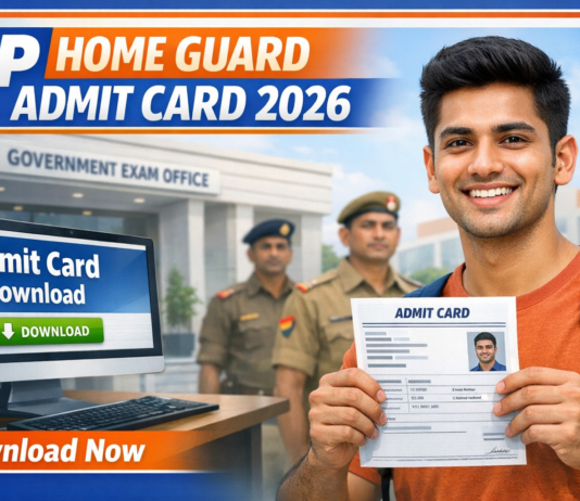 UP Home Guard Admit Card 2026 Released, Download Hall Ticket Online UP Home Guard Admit Card 2026 thumbnail showing Indian student holding admit card with government office background.