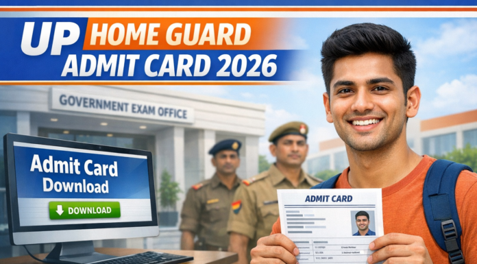 UP Home Guard Admit Card 2026 Released, Download Hall Ticket Online UP Home Guard Admit Card 2026 thumbnail showing Indian student holding admit card with government office background.