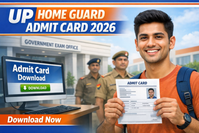UP Home Guard Admit Card 2026 thumbnail showing Indian student holding admit card with government office background.