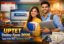 UPTET Online Form 2026 Extended: Apply Online Till 03 May, Exam in July UPTET Online Form 2026 notification thumbnail showing Indian students with laptop, documents, and apply online portal for Uttar Pradesh TET exam.