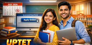 UPTET Online Form 2026 Extended: Apply Online Till 03 May, Exam in July UPTET Online Form 2026 notification thumbnail showing Indian students with laptop, documents, and apply online portal for Uttar Pradesh TET exam.