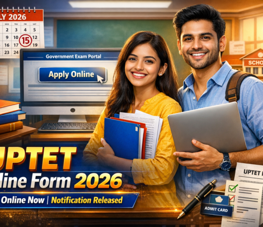 UPTET Online Form 2026 Extended: Apply Online Till 03 May, Exam in July UPTET Online Form 2026 notification thumbnail showing Indian students with laptop, documents, and apply online portal for Uttar Pradesh TET exam.