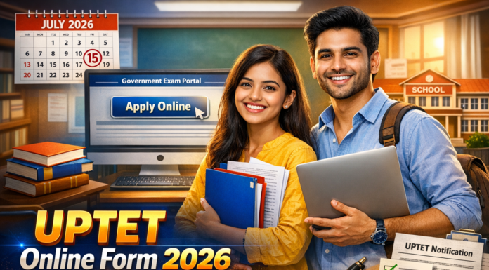 UPTET Online Form 2026 Extended: Apply Online Till 03 May, Exam in July UPTET Online Form 2026 notification thumbnail showing Indian students with laptop, documents, and apply online portal for Uttar Pradesh TET exam.