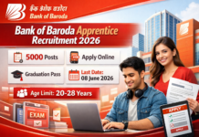 Bank of Baroda Apprentice Recruitment 2026 Apply Online for 5000 Posts Bank of Baroda Apprentice Recruitment 2026 banner showing 5000 vacancies, apply online dates, graduation eligibility, and banking career opportunity details.