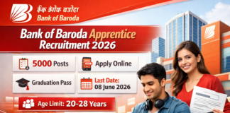 Bank of Baroda Apprentice Recruitment 2026 Apply Online for 5000 Posts Bank of Baroda Apprentice Recruitment 2026 banner showing 5000 vacancies, apply online dates, graduation eligibility, and banking career opportunity details.