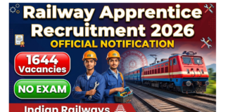 RRC SECR Apprentice Recruitment 2026: 1644 Vacancies Announced, No Exam Required – Apply Online RRC SECR Apprentice Recruitment 2026 thumbnail showing Indian railway train, ITI students, and 1644 vacancies with no exam