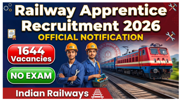 RRC SECR Apprentice Recruitment 2026: 1644 Vacancies Announced, No Exam Required – Apply Online RRC SECR Apprentice Recruitment 2026 thumbnail showing Indian railway train, ITI students, and 1644 vacancies with no exam