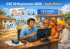 CSC ID Registration 2026: Complete Guide to Apply Online for a CSC Center Create a modern digital illustration of an Indian Common Service Center (CSC) in a rural setting. Show a young Indian entrepreneur sitting at a desk with a computer, helping villagers access online government services. Include elements like Aadhaar card, PAN card icons, banking services, and digital India theme. Add a small signboard “CSC Center / Jan Seva Kendra” in the background. The environment should look clean, professional, and slightly rural (village houses or small town). Use bright colors, soft lighting, and a friendly atmosphere. Style should be semi-realistic, high resolution, and suitable for a blog featured image. Add title text on image: “CSC ID Registration 2026 – Apply Online” in bold, modern font.