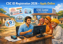 CSC ID Registration 2026: Complete Guide to Apply Online for a CSC Center Create a modern digital illustration of an Indian Common Service Center (CSC) in a rural setting. Show a young Indian entrepreneur sitting at a desk with a computer, helping villagers access online government services. Include elements like Aadhaar card, PAN card icons, banking services, and digital India theme. Add a small signboard “CSC Center / Jan Seva Kendra” in the background. The environment should look clean, professional, and slightly rural (village houses or small town). Use bright colors, soft lighting, and a friendly atmosphere. Style should be semi-realistic, high resolution, and suitable for a blog featured image. Add title text on image: “CSC ID Registration 2026 – Apply Online” in bold, modern font.