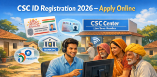 CSC ID Registration 2026: Complete Guide to Apply Online for a CSC Center Create a modern digital illustration of an Indian Common Service Center (CSC) in a rural setting. Show a young Indian entrepreneur sitting at a desk with a computer, helping villagers access online government services. Include elements like Aadhaar card, PAN card icons, banking services, and digital India theme. Add a small signboard “CSC Center / Jan Seva Kendra” in the background. The environment should look clean, professional, and slightly rural (village houses or small town). Use bright colors, soft lighting, and a friendly atmosphere. Style should be semi-realistic, high resolution, and suitable for a blog featured image. Add title text on image: “CSC ID Registration 2026 – Apply Online” in bold, modern font.