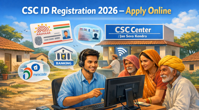 CSC ID Registration 2026: Complete Guide to Apply Online for a CSC Center Create a modern digital illustration of an Indian Common Service Center (CSC) in a rural setting. Show a young Indian entrepreneur sitting at a desk with a computer, helping villagers access online government services. Include elements like Aadhaar card, PAN card icons, banking services, and digital India theme. Add a small signboard “CSC Center / Jan Seva Kendra” in the background. The environment should look clean, professional, and slightly rural (village houses or small town). Use bright colors, soft lighting, and a friendly atmosphere. Style should be semi-realistic, high resolution, and suitable for a blog featured image. Add title text on image: “CSC ID Registration 2026 – Apply Online” in bold, modern font.