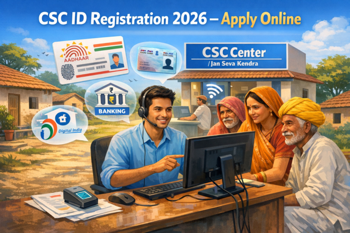 Create a modern digital illustration of an Indian Common Service Center (CSC) in a rural setting. Show a young Indian entrepreneur sitting at a desk with a computer, helping villagers access online government services. Include elements like Aadhaar card, PAN card icons, banking services, and digital India theme. Add a small signboard “CSC Center / Jan Seva Kendra” in the background. The environment should look clean, professional, and slightly rural (village houses or small town). Use bright colors, soft lighting, and a friendly atmosphere. Style should be semi-realistic, high resolution, and suitable for a blog featured image. Add title text on image: “CSC ID Registration 2026 – Apply Online” in bold, modern font.