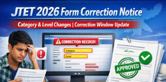 JTET 2026 Application Correction Notice: Important Update for Candidates JTET 2026 application correction notice showing online form correction process, category and level changes, correction window, and JAC latest update.