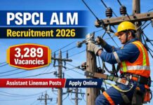 Punjab PSPCL ALM Recruitment 2026: 3,289 Posts, Salary ₹19,900, Apply Online PSPCL ALM Recruitment 2026 banner showing an Assistant Lineman in safety gear near electric poles with 3,289 vacancies announced for Punjab State Power Corporation Limited.