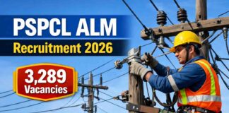 Punjab PSPCL ALM Recruitment 2026: 3,289 Posts, Salary ₹19,900, Apply Online PSPCL ALM Recruitment 2026 banner showing an Assistant Lineman in safety gear near electric poles with 3,289 vacancies announced for Punjab State Power Corporation Limited.