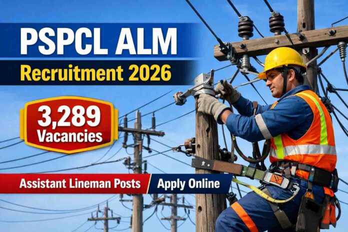 PSPCL ALM Recruitment 2026 banner showing an Assistant Lineman in safety gear near electric poles with 3,289 vacancies announced for Punjab State Power Corporation Limited.